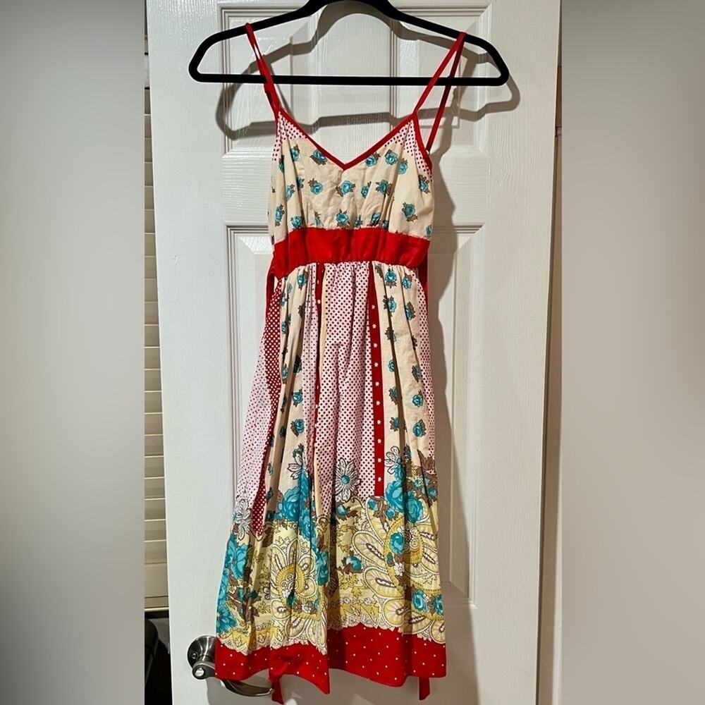 Sidecca Sundress adjustable straps floral waist tie Small Red Turquoise Cream